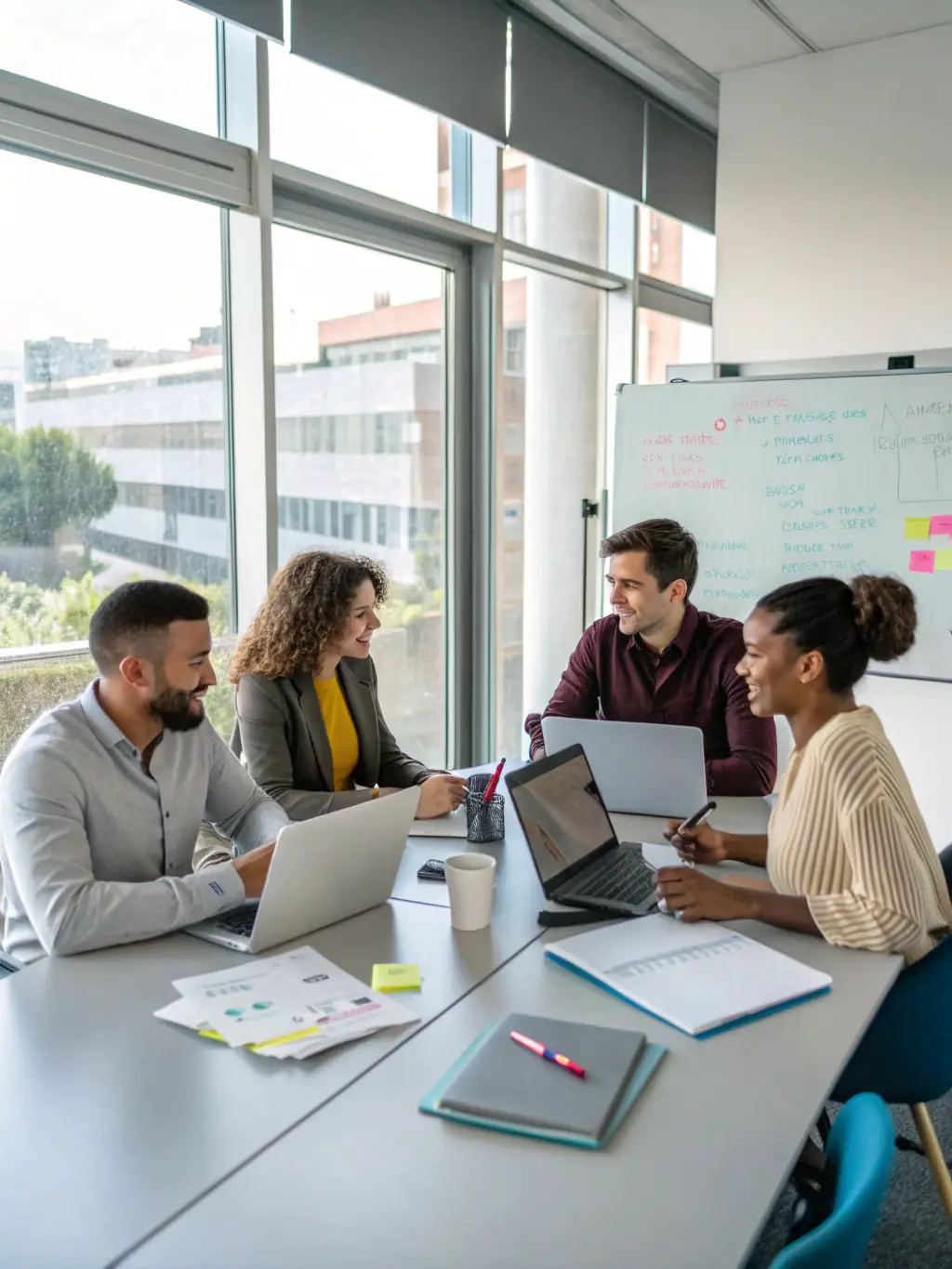 A group of IT consultants collaborating closely with a client, emphasizing a client-centric approach.