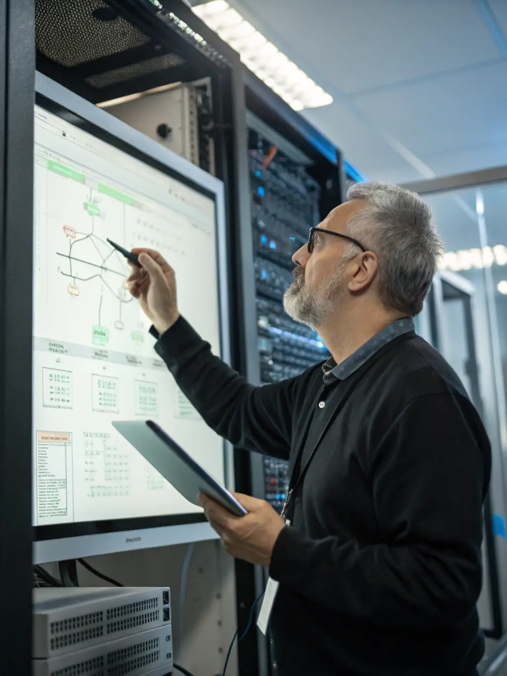 An IT professional designing a network architecture diagram, focusing on scalability and efficiency.