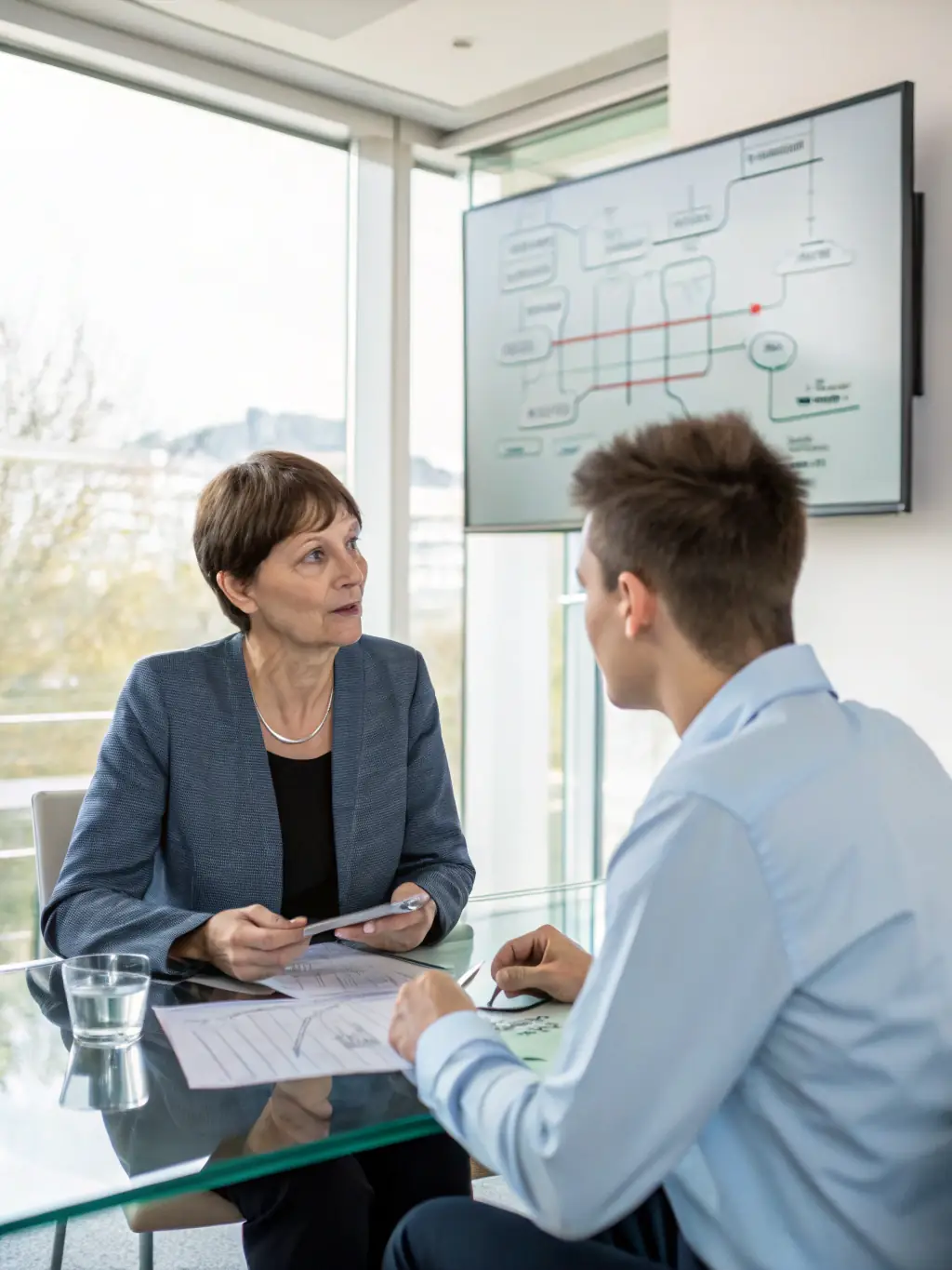 A consultant reviewing IT infrastructure diagrams with a client in a modern office setting, emphasizing strategic planning and collaboration.