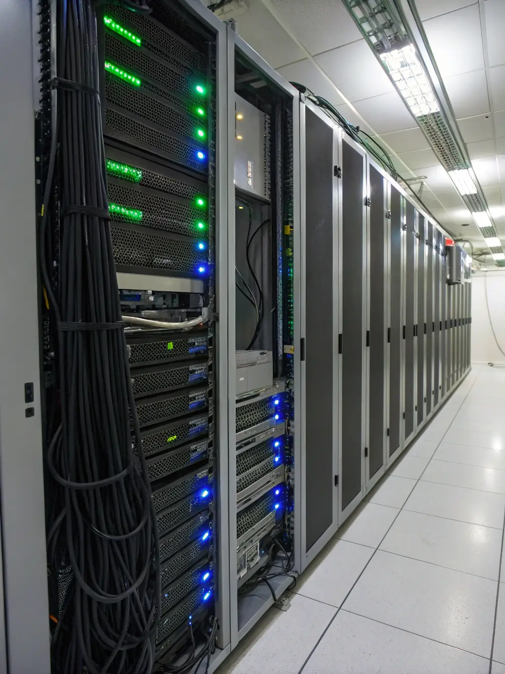A secure server room with blinking lights and visible security measures, representing the robust cybersecurity solutions offered by Itigraaf OÜ.