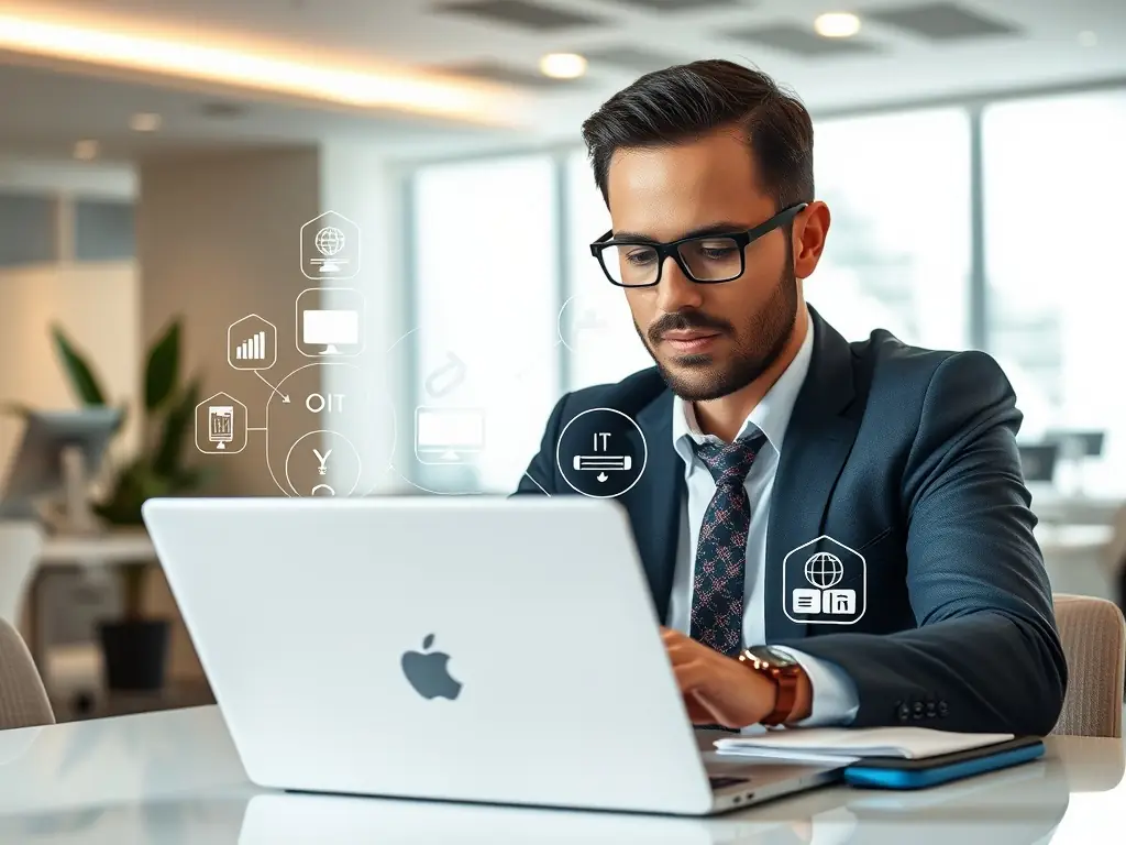 A professional IT consultant analyzing network infrastructure diagrams on a large monitor, showcasing expertise and attention to detail.
