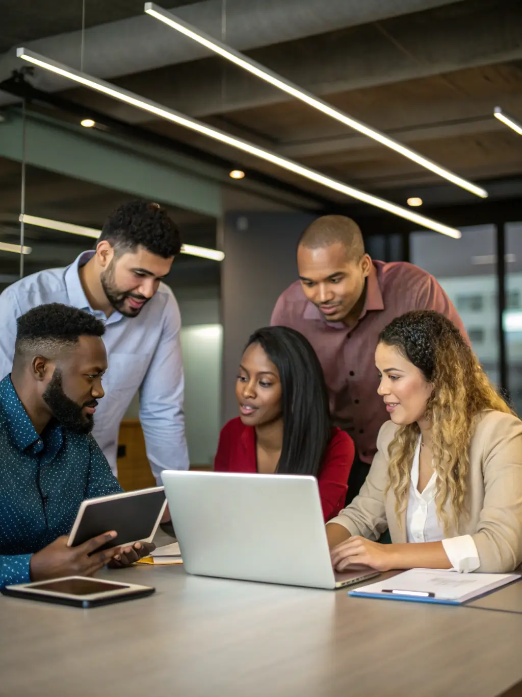 A team of IT professionals collaborating on a strategic IT plan in a bright, modern office, representing Itigraaf OÜ's commitment to strategic planning.