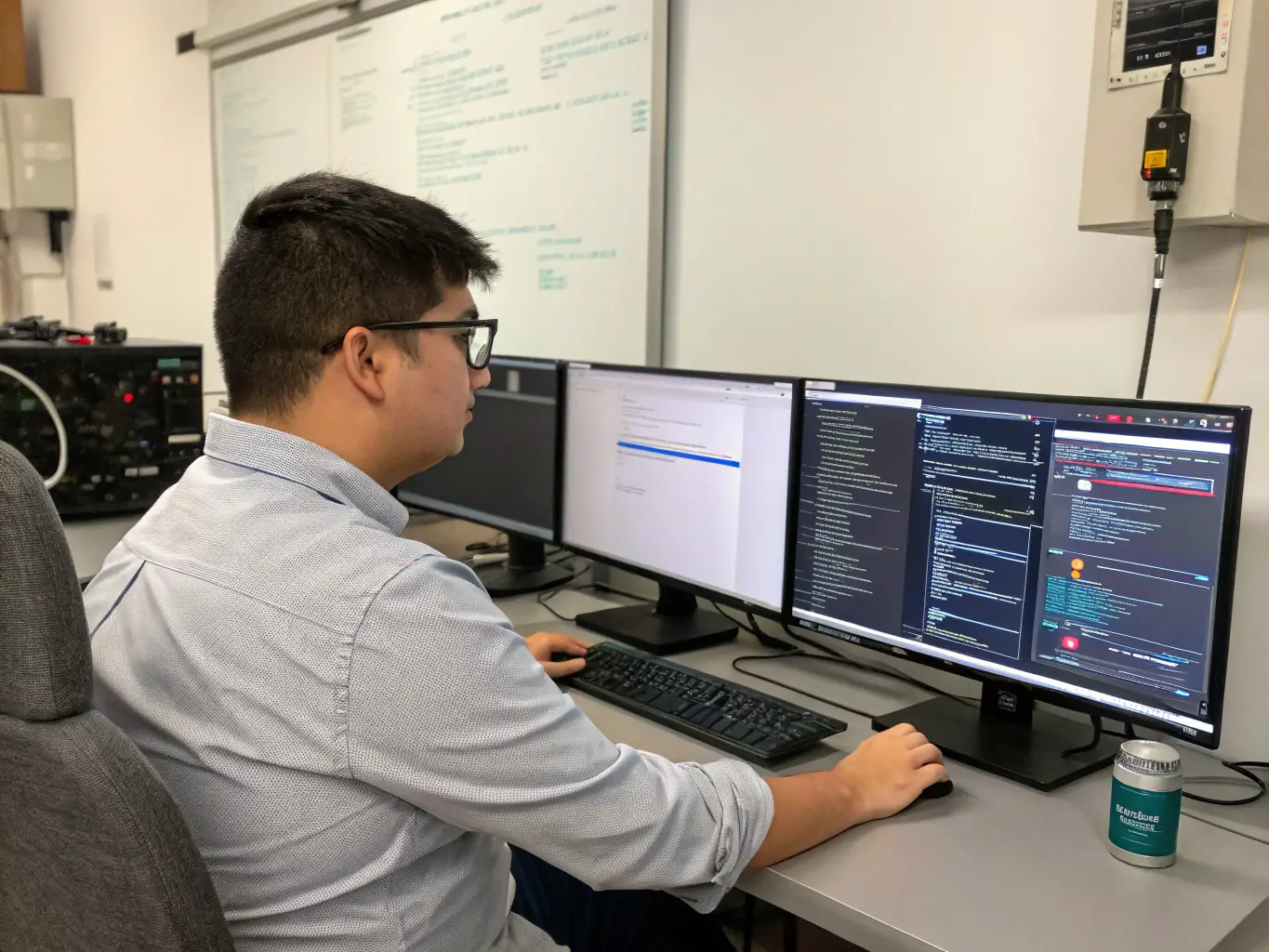 A professional IT consultant analyzing network infrastructure diagrams on a large monitor, showcasing expertise and attention to detail.