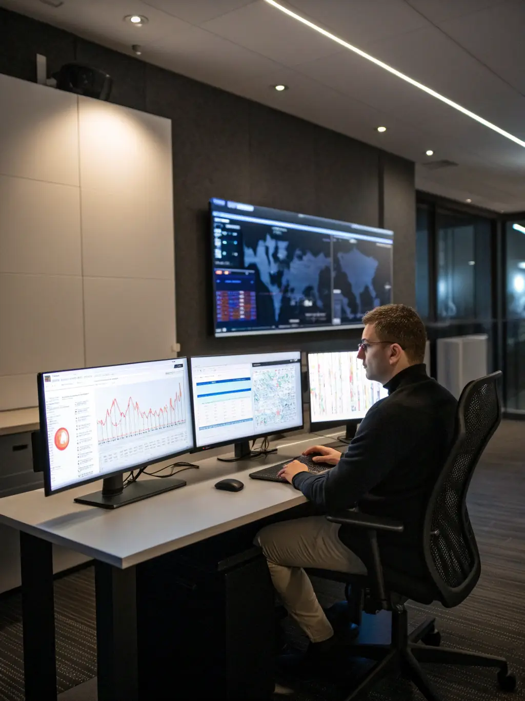 An image of a cybersecurity expert monitoring network security dashboards on multiple screens, highlighting the Cybersecurity Consulting services offered by Itigraaf OÜ.
