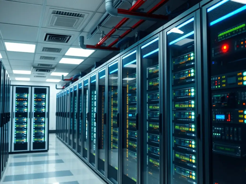 A secure server room with blinking lights and visible security protocols, symbolizing robust cybersecurity measures.