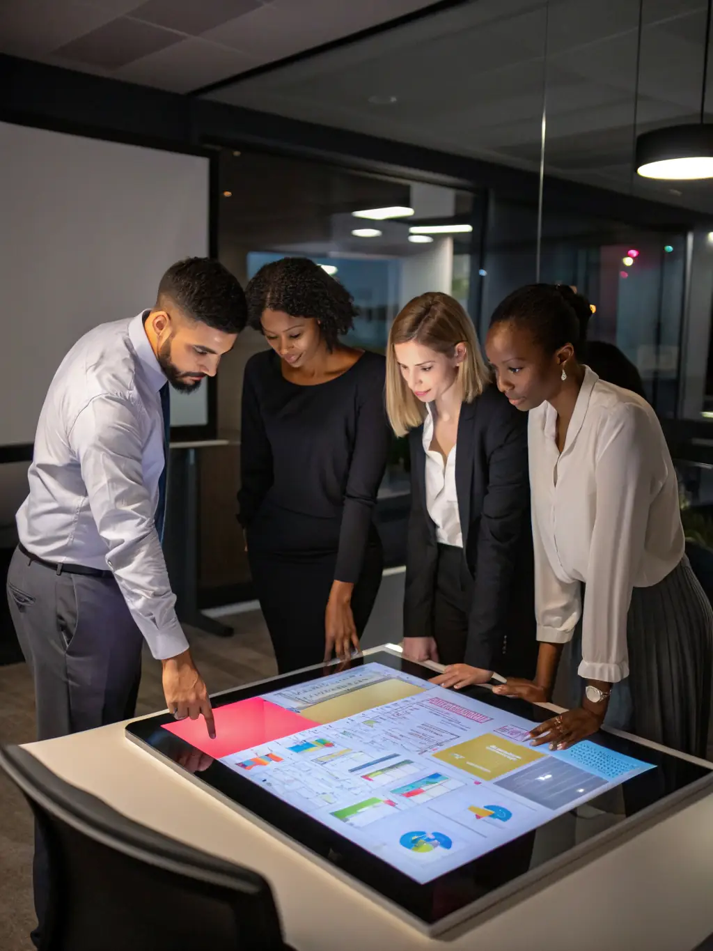 An image of a team of professionals analyzing digital strategy charts on a large screen, representing the IT Strategy & Planning services provided by Itigraaf OÜ.