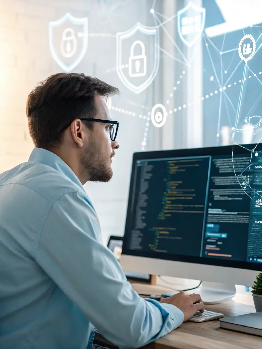 A cybersecurity expert analyzing network traffic for potential threats on a computer screen, highlighting Itigraaf OÜ's focus on cybersecurity.