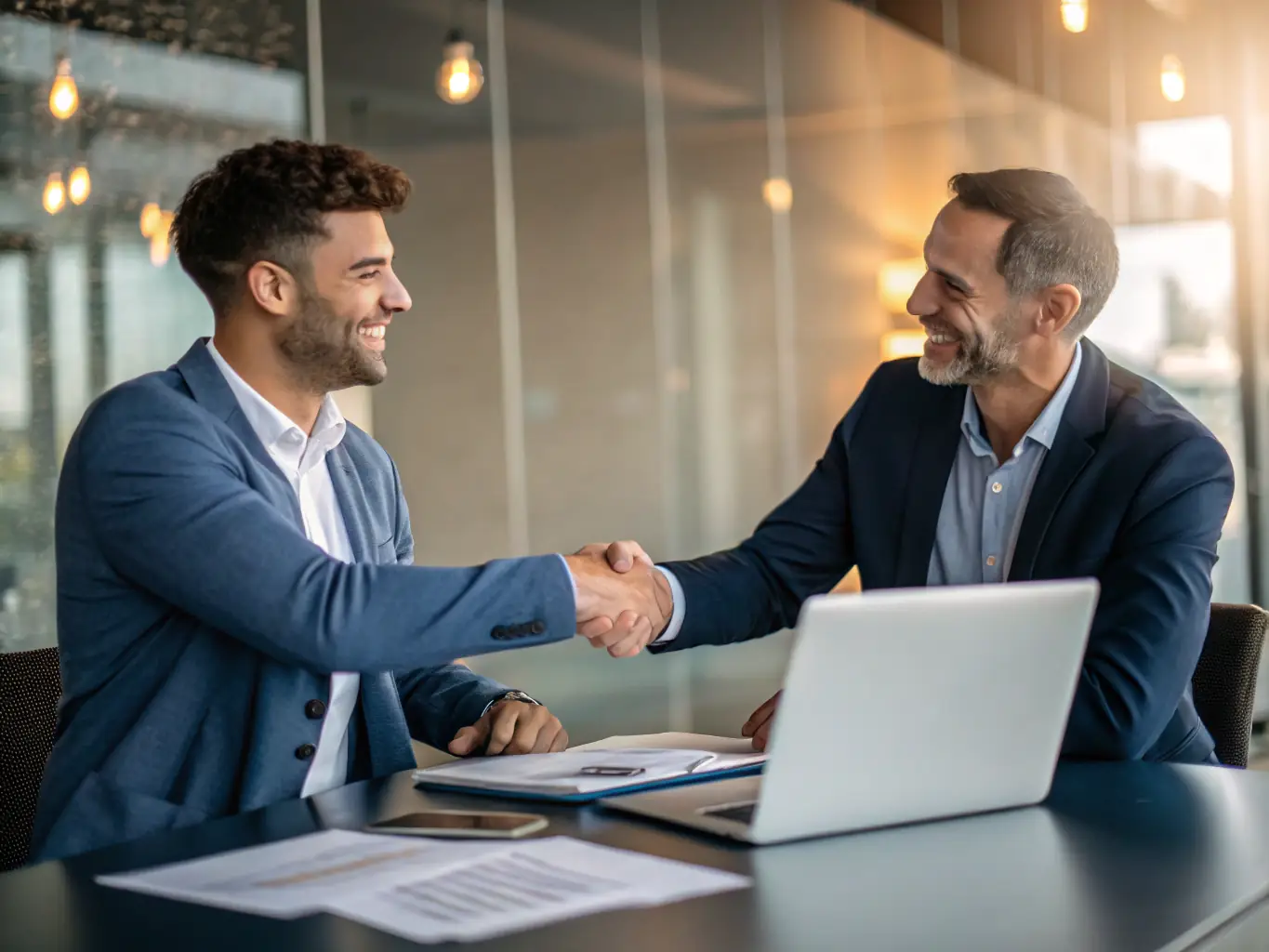 A satisfied client shaking hands with an IT consultant, symbolizing successful project delivery and strong client relationships.