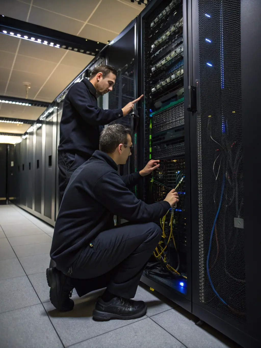 A professional IT consultant reviewing server infrastructure in a modern data center, ensuring optimal performance and security for Itigraaf OÜ's clients.