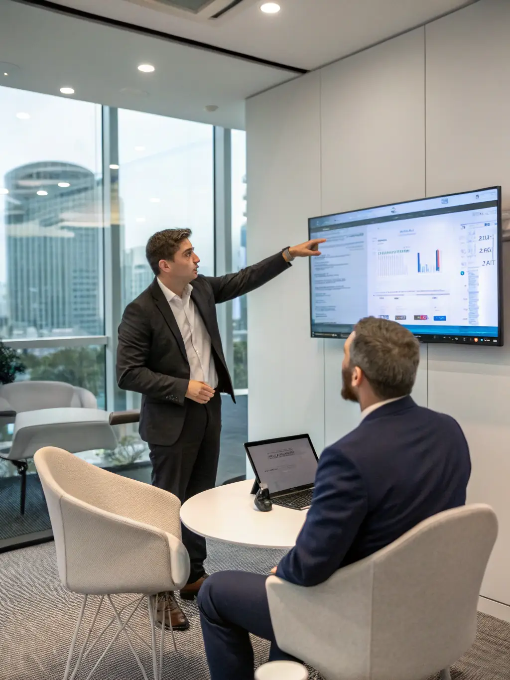 An image of a professional IT consultant discussing network diagrams with a client in a modern office setting, emphasizing the IT Infrastructure Consulting service offered by Itigraaf OÜ.