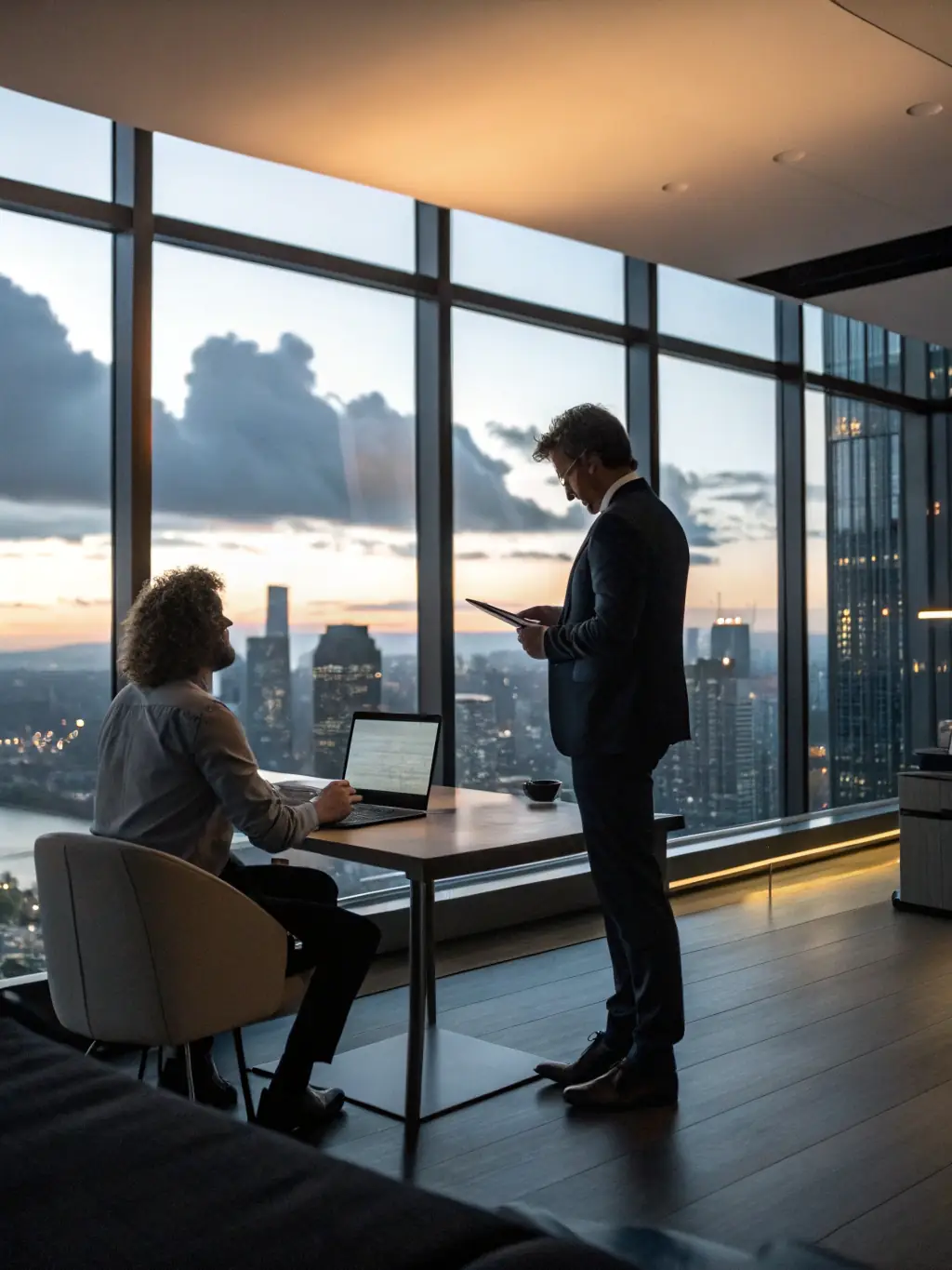 A consultant presenting a cloud migration strategy to a client in a modern office setting, showcasing Itigraaf OÜ's cloud expertise.