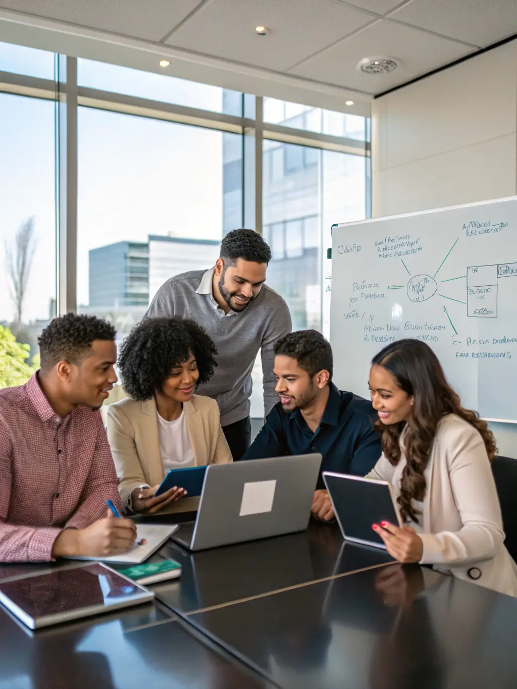 An image showing a diverse team of IT professionals collaborating on a project, symbolizing Itigraaf OÜ's commitment to teamwork and comprehensive IT solutions.