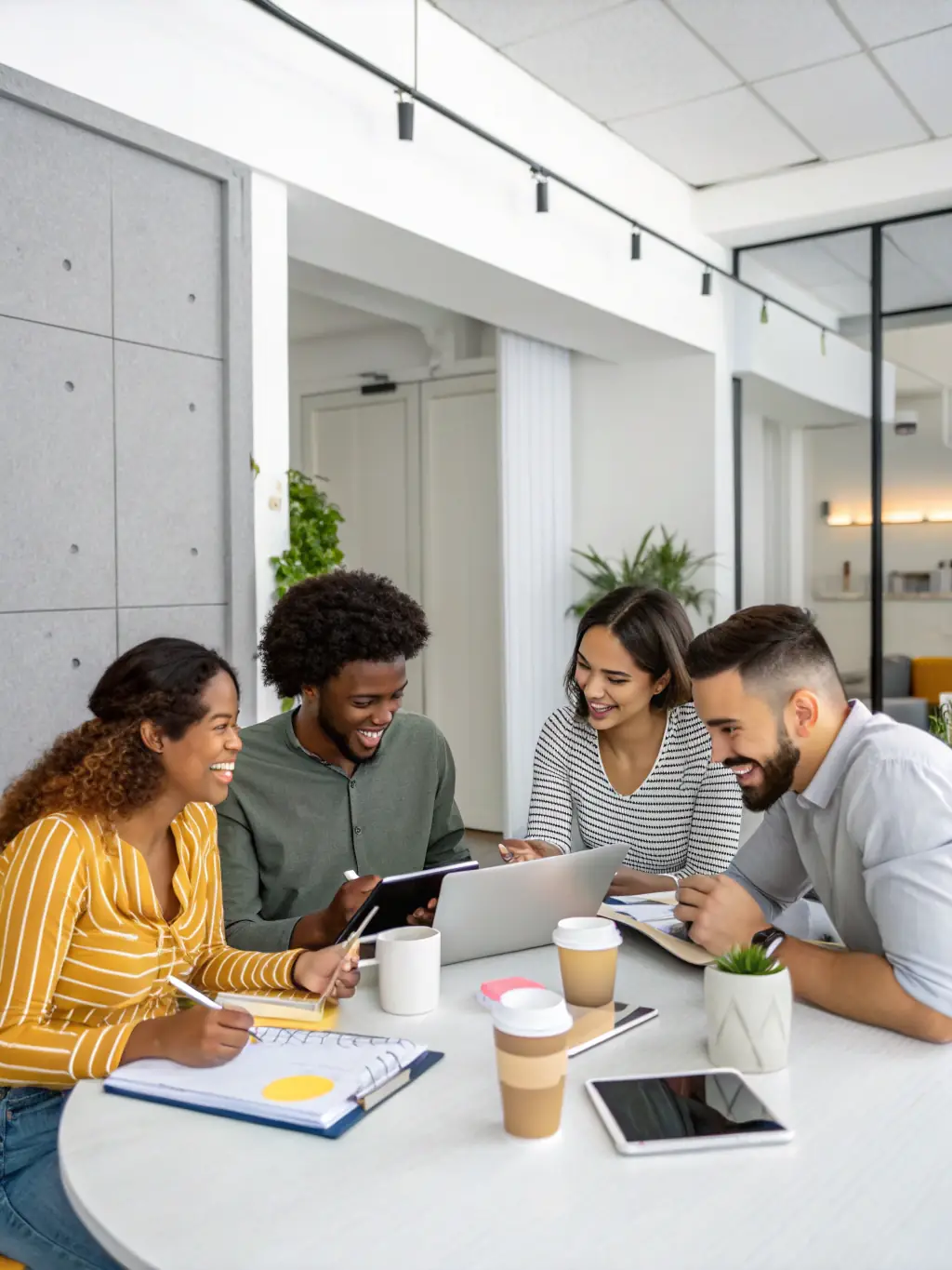 A diverse team of IT consultants brainstorming solutions in a collaborative workspace, emphasizing innovation and problem-solving.
