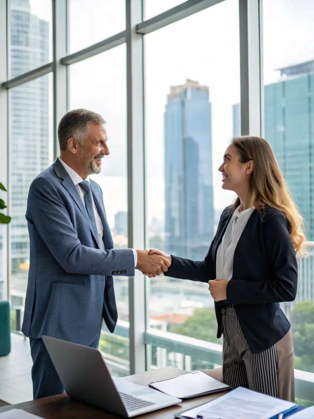 A professional IT consultant shaking hands with a satisfied client in a modern office, symbolizing trust and partnership.